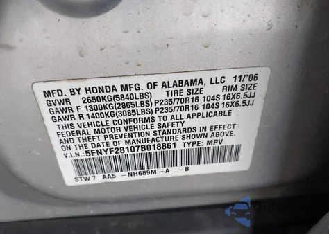 2007 Honda Pilot Lx z USA, uszkodzony, nr VIN 5FNYF28107B018861